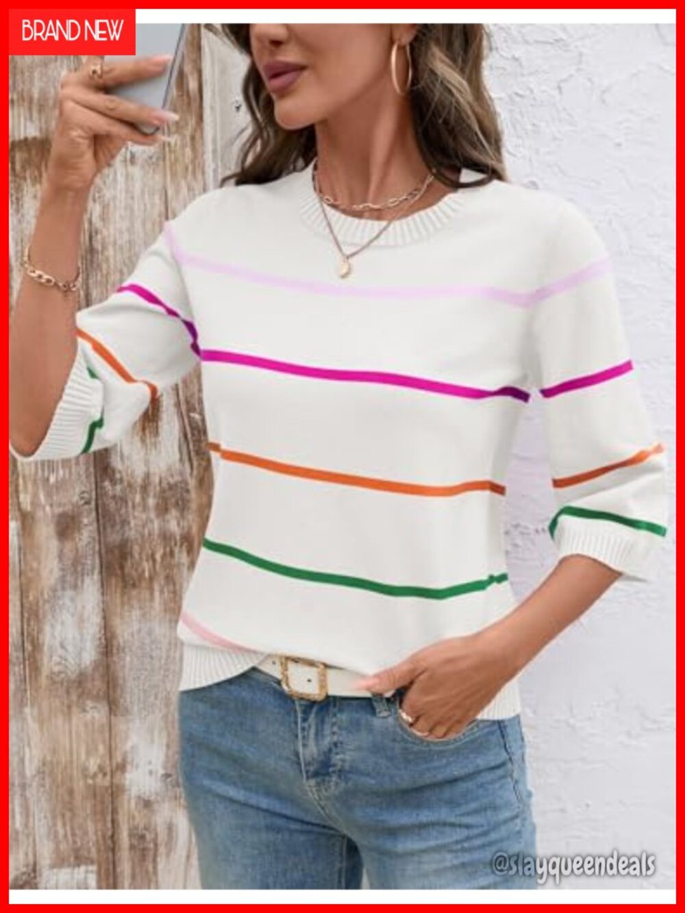 Womens Lightweight Knit Striped 3/4 Sleeve Crew Neck Pullover Sweater - Picture 2 of 6